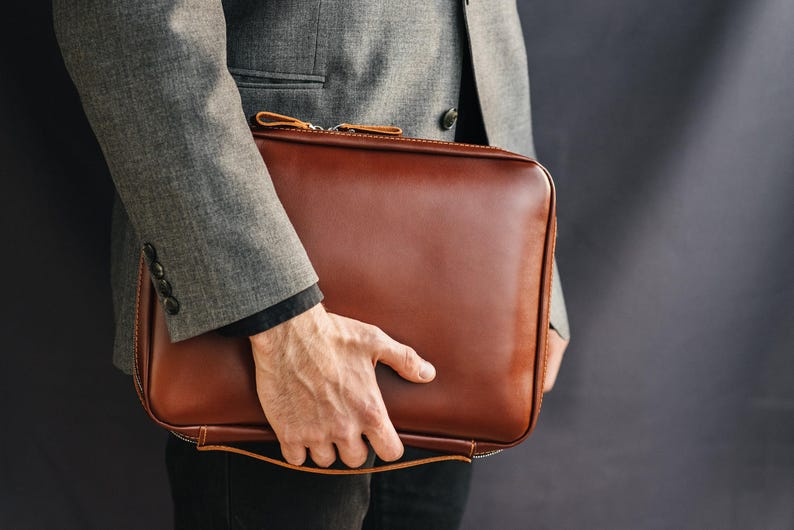 Mens leather organizer, custom business portfolio, cognac cord holder, cable & laptop case, Women gift, Back to school image 4