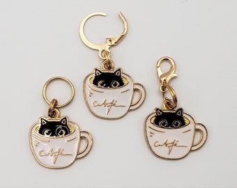 Cat Stitch Markers for Knitting, 3 pc Coffee cups | Crochet stitch marker, progress keeper, project bag charms, crochet accessory