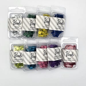 May include: Assortment of 10 small plastic containers, each containing 50 colorful brads. The brads are in the following colors: white, emerald, yellow, blue, lime green, cyan, pink, neon purple, and red. Each container has a label with the color name and the text "Brads" printed on it.