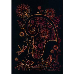 May include: A black cat silhouette with a curled tail, surrounded by orange and red flowers on a black background.