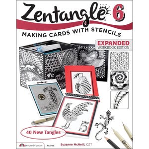 May include: A Zentangle 6 workbook with the text "MAKING CARDS WITH STENCILS" and "EXPANDED WORKBOOK EDITION". The cover features black and white Zentangle art on cards and a box, with a red frame. Includes 40 new tangles.