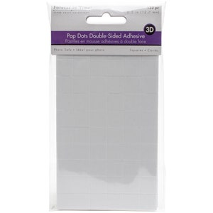 May include: A package of 132 white, double-sided adhesive foam squares, 0.5 inches in size. The package is labeled "Pop Dots Double-Sided Adhesive" and "Photo Safe - Ideal for photo".