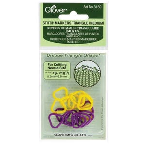 May include: A package of Clover Stitch Markers Triangle (Medium) in yellow and purple. The package includes 10 stitch markers, which are shaped like triangles. The package also includes information about the size of the knitting needles that the stitch markers are compatible with. The text on the package reads "Unique Triangle Shape!" and "For Knitting Needle Size US SIZE #9-#10 1/2 5.5mm-6.5mm".