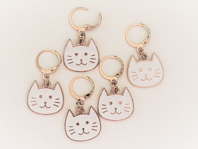 progress keeper crochet accessory Cat Stitch Markers for Knitting 5pc Large White Cat Heads project bag charms Crochet stitch marker