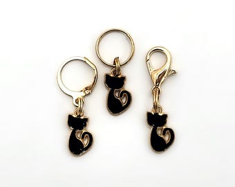 Tiny Black Cat Stitch Markers | Enamel Charm Stitch Markers 3pc