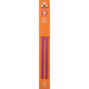 May include: A package of Boye brand knitting needles. The needles are a vibrant purple color and are US size 15, 10 inches (25.4 cm) long. The package is orange and features the Boye logo and product information.