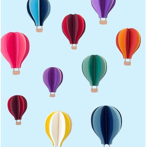 May include: A collection of 10 colorful hot air balloons in various shades of blue, purple, red, green, yellow, and orange. The balloons are all in the same style, with a rounded shape and a basket at the bottom.