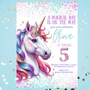 Unicorn Birthday Printable Invitation, Rainbow Unicorn Invitation Rainbow, Girls Digital Invite, Magical Day Birthday, Comes Customized