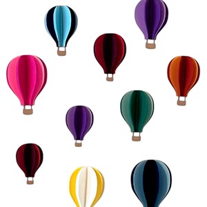 May include: A collection of 10 colorful hot air balloons in various shades of blue, purple, pink, red, green, yellow, and white. The balloons are all made of paper and have a 3D effect.