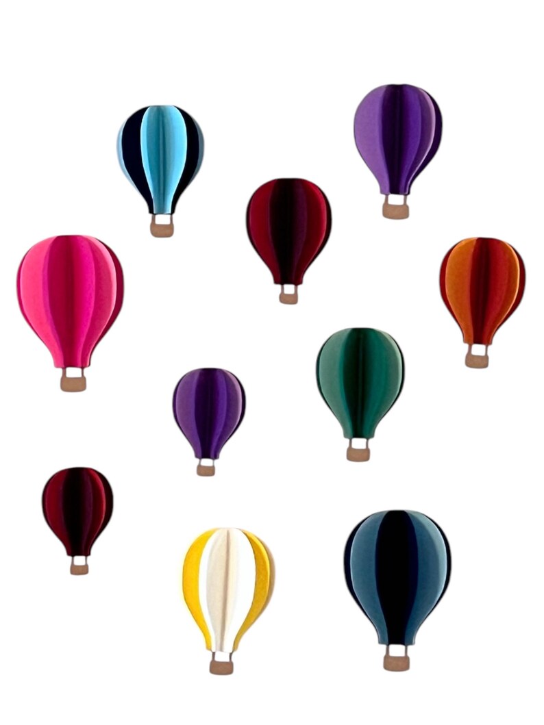 May include: A collection of 10 colorful hot air balloons in various shades of blue, purple, pink, red, green, yellow, and white. The balloons are all made of paper and have a 3D effect.