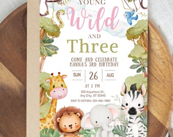 Safari Jungle 3e verjaardagsuitnodiging: Young, Wild & Three (digitale download, aangepast bestand)