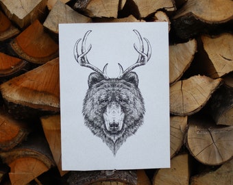 Beer - Bear + deer = beer,  |  Wildlife art print  |   Beer-themed artwork  |   Animal pun poster  |  Playful animal illustration