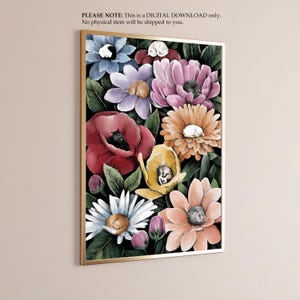 May include: A digital illustration of a bouquet of colorful flowers with cats sleeping inside each bloom. The flowers include a red poppy, a yellow flower, a pink flower, a purple flower, and a white daisy.