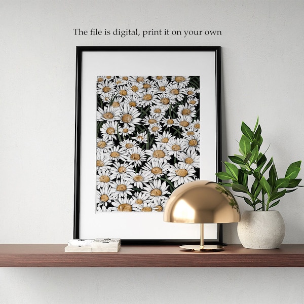 Katze Gänseblümchen DIGITALE Illustration, hohe Auflösung 300dpi - zum Drucken, Gänseblümchenkatzendruck für Poster, digitale botanische Katzenkunst