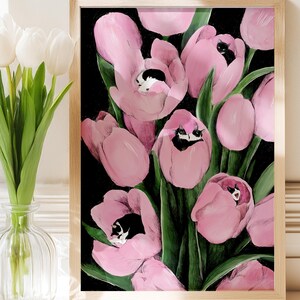 Tuxedo Tulips print, Black and white cats yellow flowers, tulip cats Pink