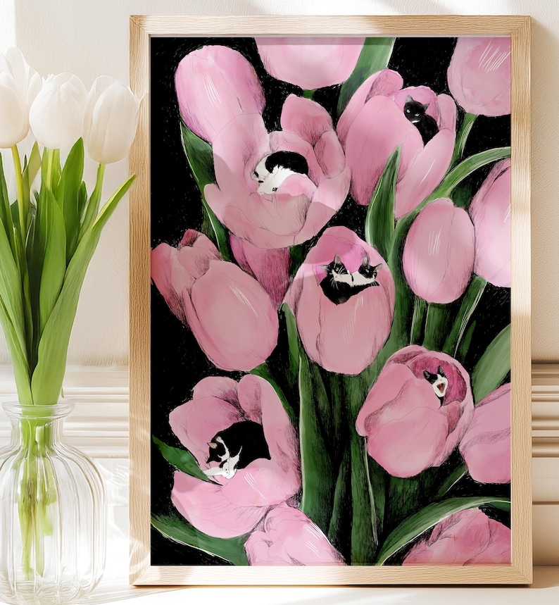 Tuxedo Tulips print, Black and white cats yellow flowers, tulip cats Pink