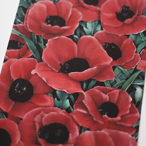 May include: A digital painting depicting red poppies with black cats nestled inside each bloom. The flowers are in various stages of opening, some fully open and others still closed. The background is a dark green, suggesting a lush garden setting.