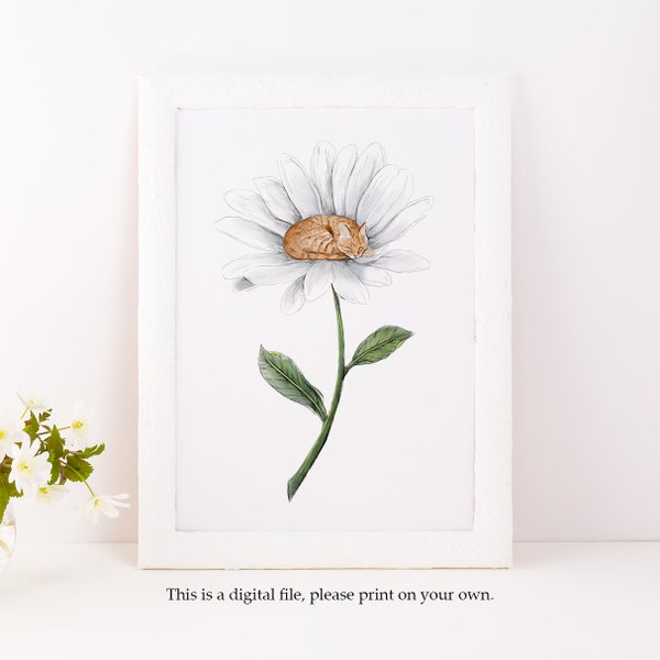 Digital and Minimal Cat daisy Illustration, digital png and jpg for personal use