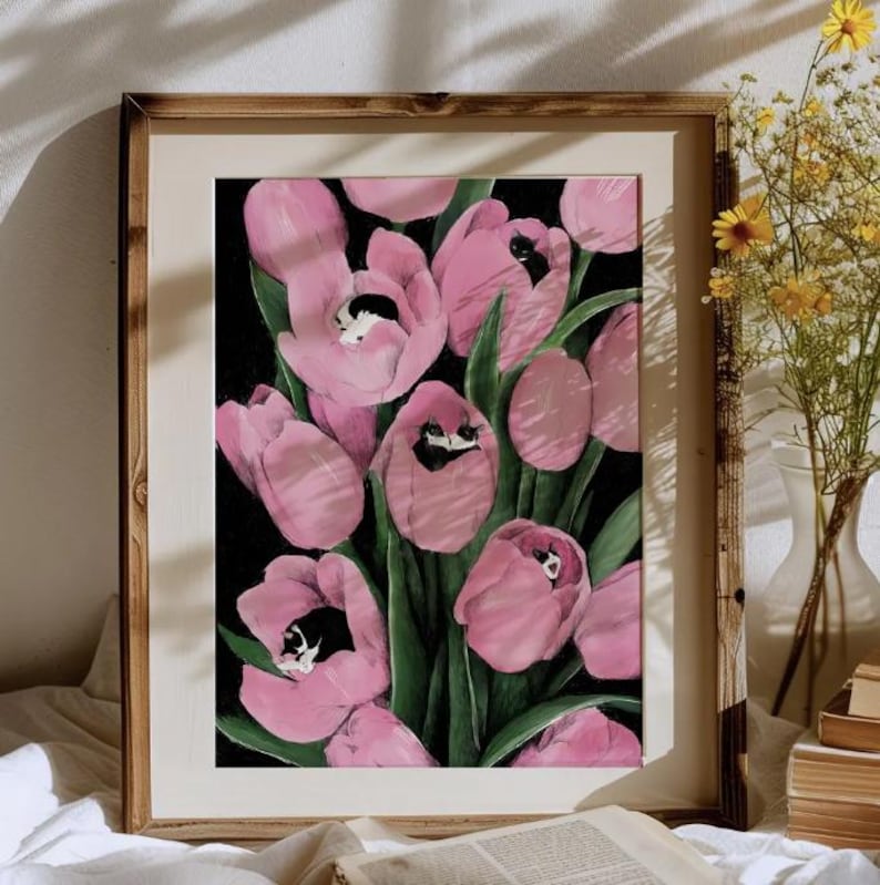 Tuxedo Tulips print, Black and white cats yellow flowers, tulip cats image 6