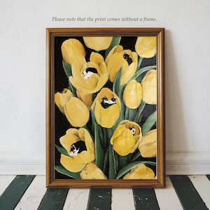 May include: A painting of a bouquet of yellow tulips with black and white cats sleeping inside each flower.