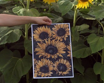 Sonnenblumenkatze - DIGITALE Datei zum Drucken. Schwarze Katzen in Sonnenblumen für Poster - zum Selbermachen. Hochauflösende Katzen zum Drucken