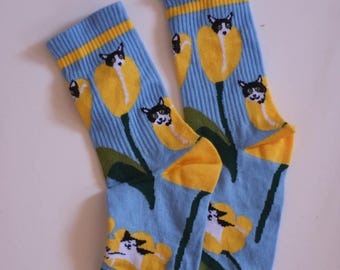 Flower cat socks, tuxedo cow cat tulip socks, colorful cat socks, yellow blue socks.