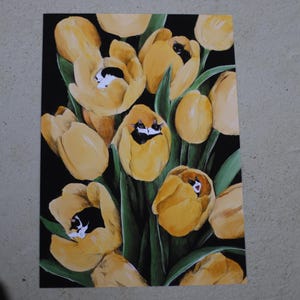 May include: A painting of a bunch of yellow tulips with black and white cats peeking out of the tops of the flowers.