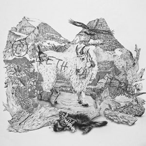 May include: A black and white drawing of a mountain goat standing on a rocky ledge with a mountain range in the background. A bird is flying overhead and a small animal is lying on the ground in the foreground.