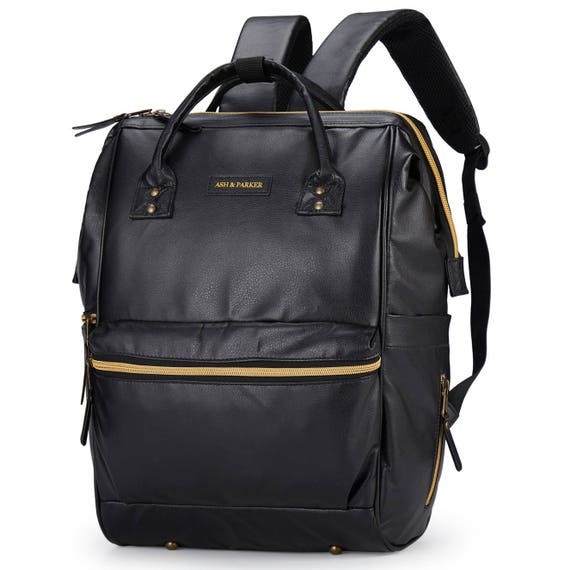 black leather backpack diaper bag