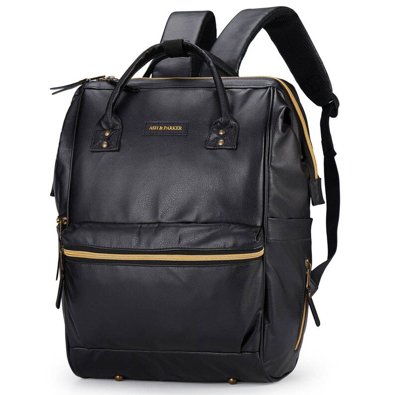 Classic Black Leather Diaper Bag Backpack Wide Open with Etsy