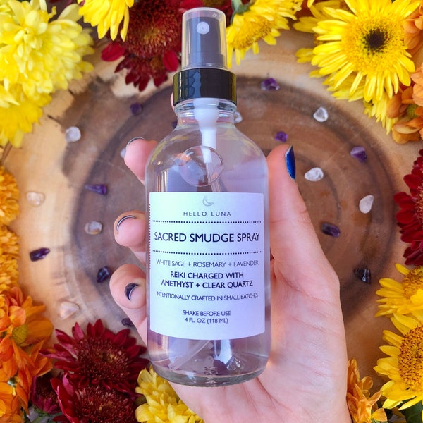 Sacred Smudge Spray || Crystal Infused Smudge Spray || White Sage Spray || Energy Cleansing Spray || Aura Cleansing || Room Cleansing Spray