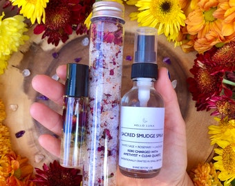Set de regalo "Amor propio" / Spray para difuminar, baño de inmersión y rodillo de aceites esenciales
