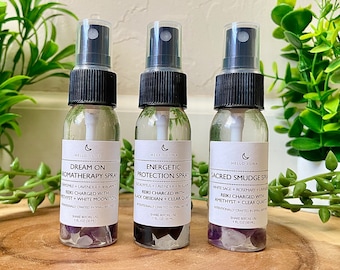 Paquete de sprays con infusión de cristales: Sahumerio, protección, sueño - Set de viaje con energía Reiki