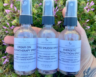 Paquete de aerosoles con infusión de cristales / Aromaterapia con carga de Reiki, protección, sueño y aromaterapia