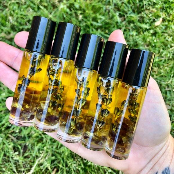 Cheer Up Essential Oil Roll On || Crystal Infused Essential Oil Roller || Stress Relief || Amethyst || Ylang Ylang || Patchouli || Orange ||