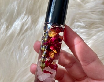 Rodillo de aceite esencial de cuarzo rosa / Mezcla infundida con Reiki para el amor propio