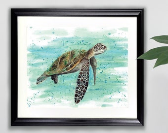 Sea Turtle Watercolor Art Print  |  Animal, Painting