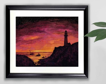 Lighthouse in Pink Watercolor Art Print- 8x10, 11x17, 16x20  |  Landscape, Painting