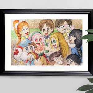 Harvest Moon 64 Party Picture Watercolor Art Print- 11x17  |  Video Games, Painting
