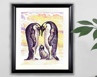 Penguins Watercolor Art Print- 8x10  |  Nature, Animals, Painting