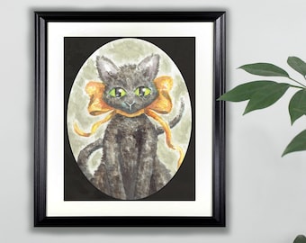 Zwarte kat aquarel Art Print- 8 x 10 | Dieren, schilderen