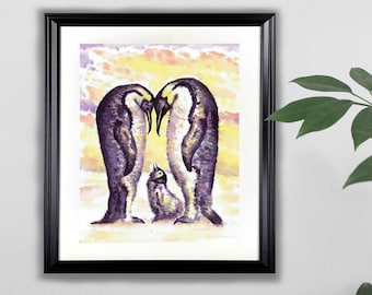 Pingüinos Original Acuarela Pintura- 9x12 / Animales, Arte