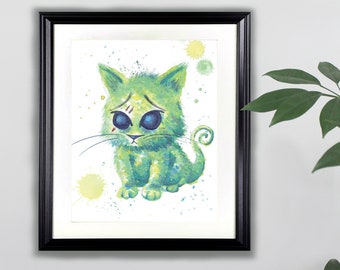 Puede incluir: Una pintura de acuarela de un gato verde con ojos azules. El gato está sentado sobre un fondo blanco con salpicaduras de acuarela amarillas.