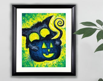 Black Cat Pumpkin Watercolor Art Print- 8x10  |  Cat, Animals, Painting
