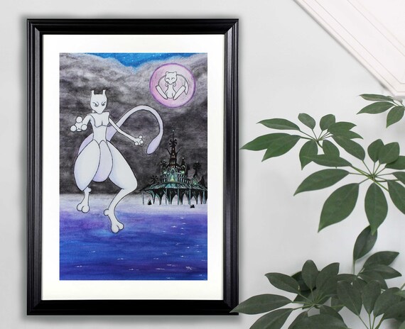 Mewtwo Watercolor Art Print, Pokemon, Nintendo