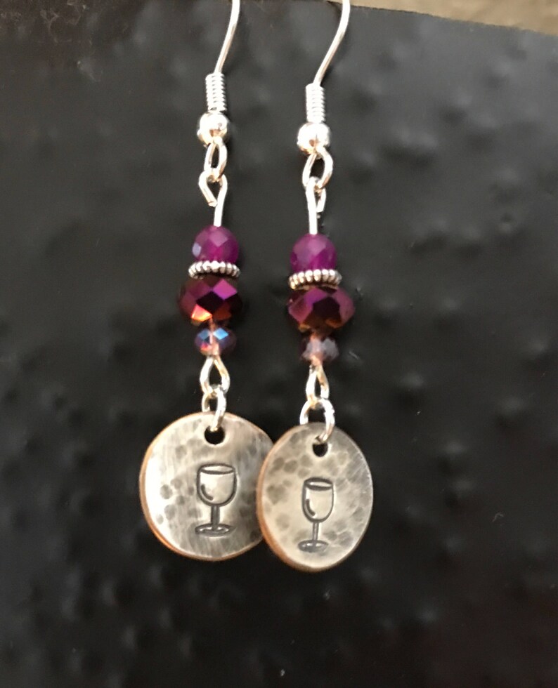 SILVER EARRING purple bead stamped silver disk charm earring boho dangle gift under 25