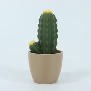 May include: A green cactus plant with yellow accents in a beige pot. The cactus has a tall, ribbed main stem and a smaller side stem. The pot is a simple, rounded shape. A decorative item for home or office.