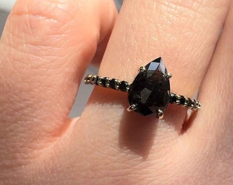 Custom Salt and Pepper Black Diamond Pear Engagement Ring