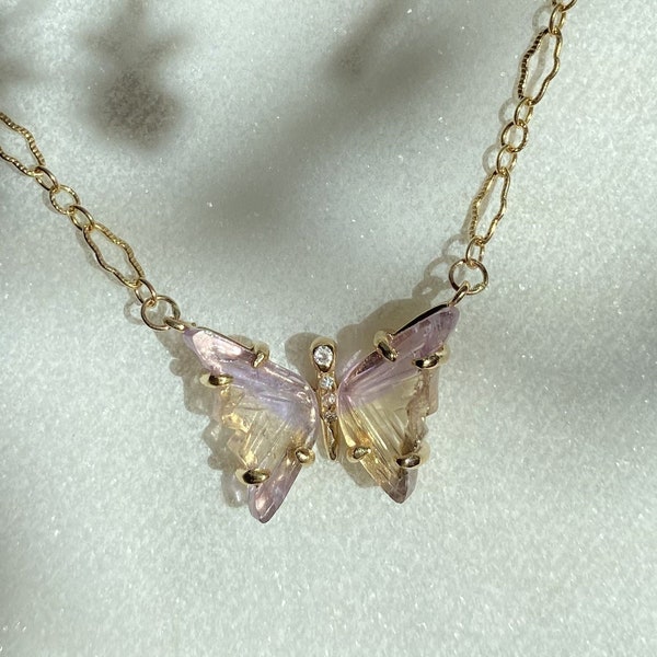 Handmade Gold Ametrine and Diamond Butterfly Necklace