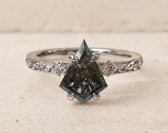 Kite Salt & Pepper Diamond Engagement Ring with Vintage Floral Band